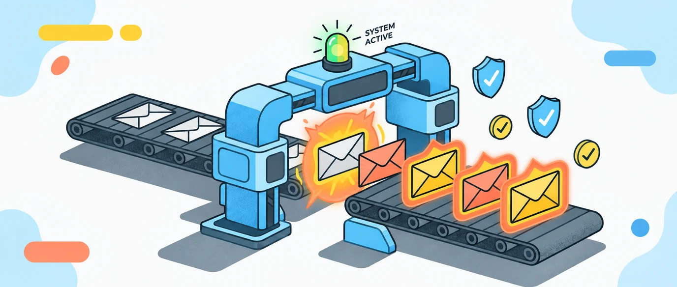 Envelopes pass through a warm-up machine with heat and verification symbols.