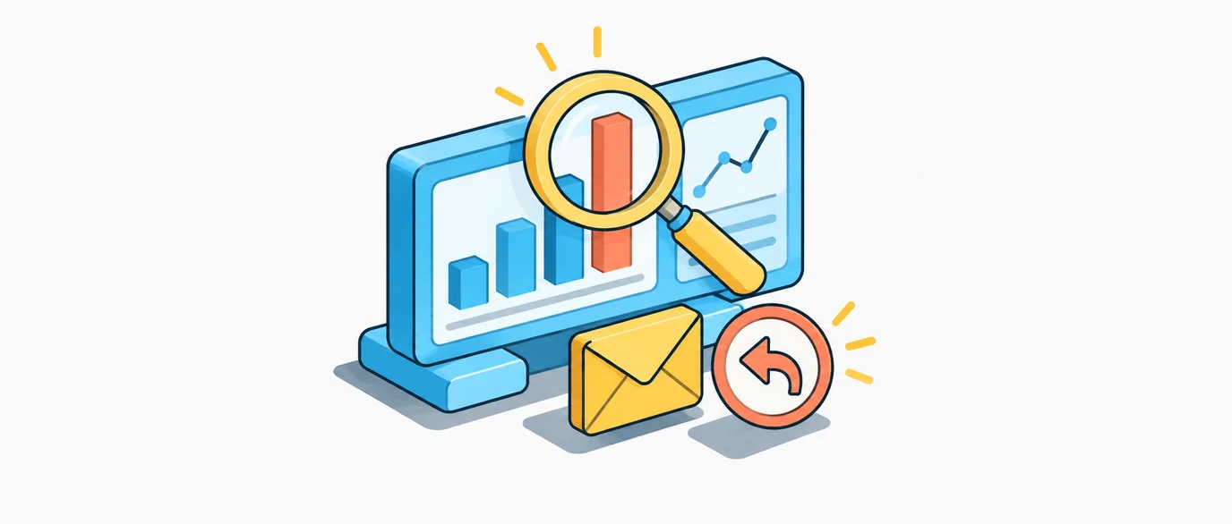 Magnifying glass highlights campaign charts beside email and reply symbols.