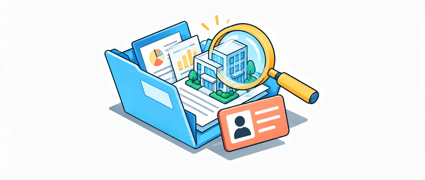 Company dossier with a building, magnifying glass and contact card.
