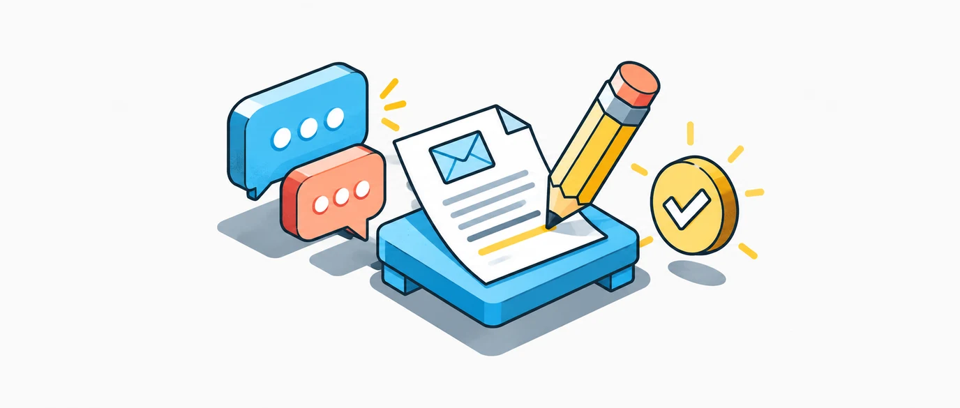 Conversation bubbles and a pencil refine an email draft before approval.