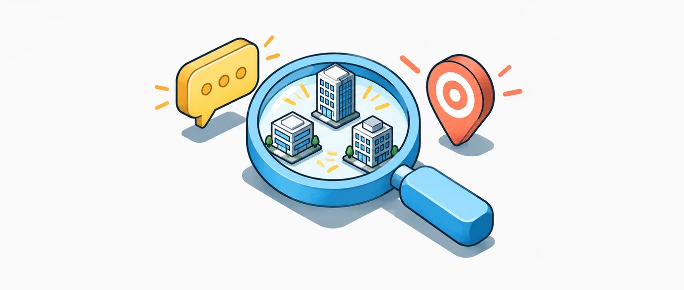 Magnifying glass reveals buyer companies beside conversation and target symbols.