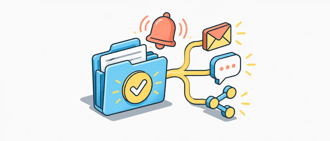 Completed research folder sends notifications to email, chat and connected tools.