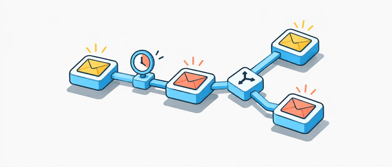Connected email steps with a waiting clock and a conditional branch.