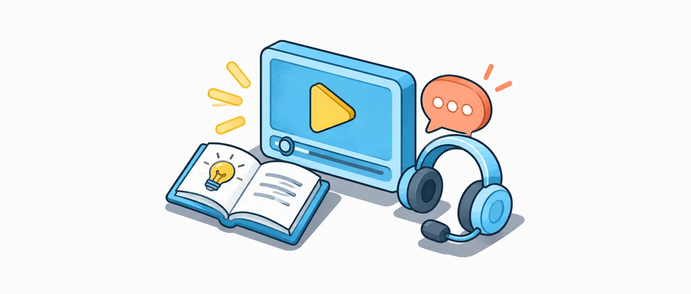 Video guide with a help book, conversation bubble and support headset.