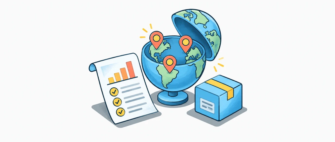 Globe with market pins, a research report and a shipping box.
