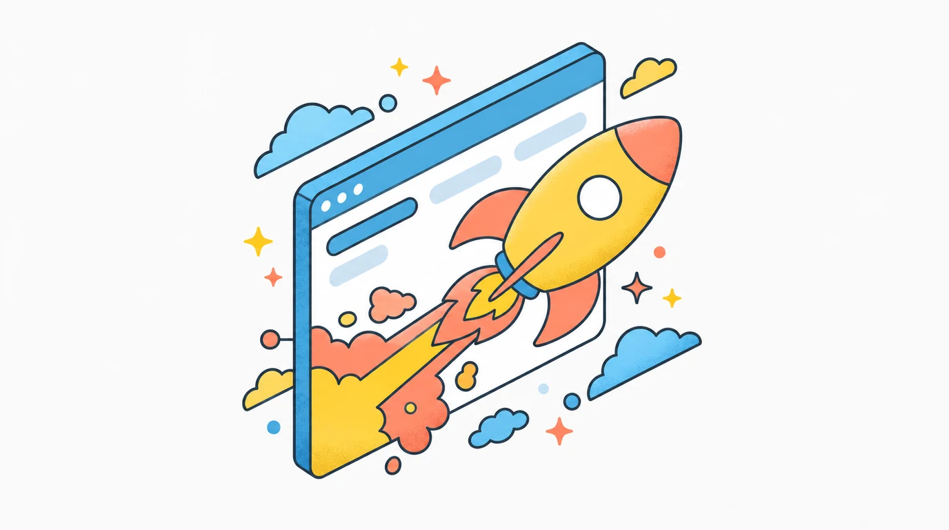 Yellow and coral rocket launches from a blue browser window.