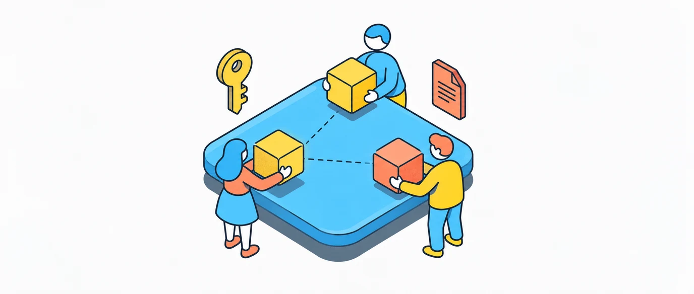 Three team members share blocks around a connected blue platform.